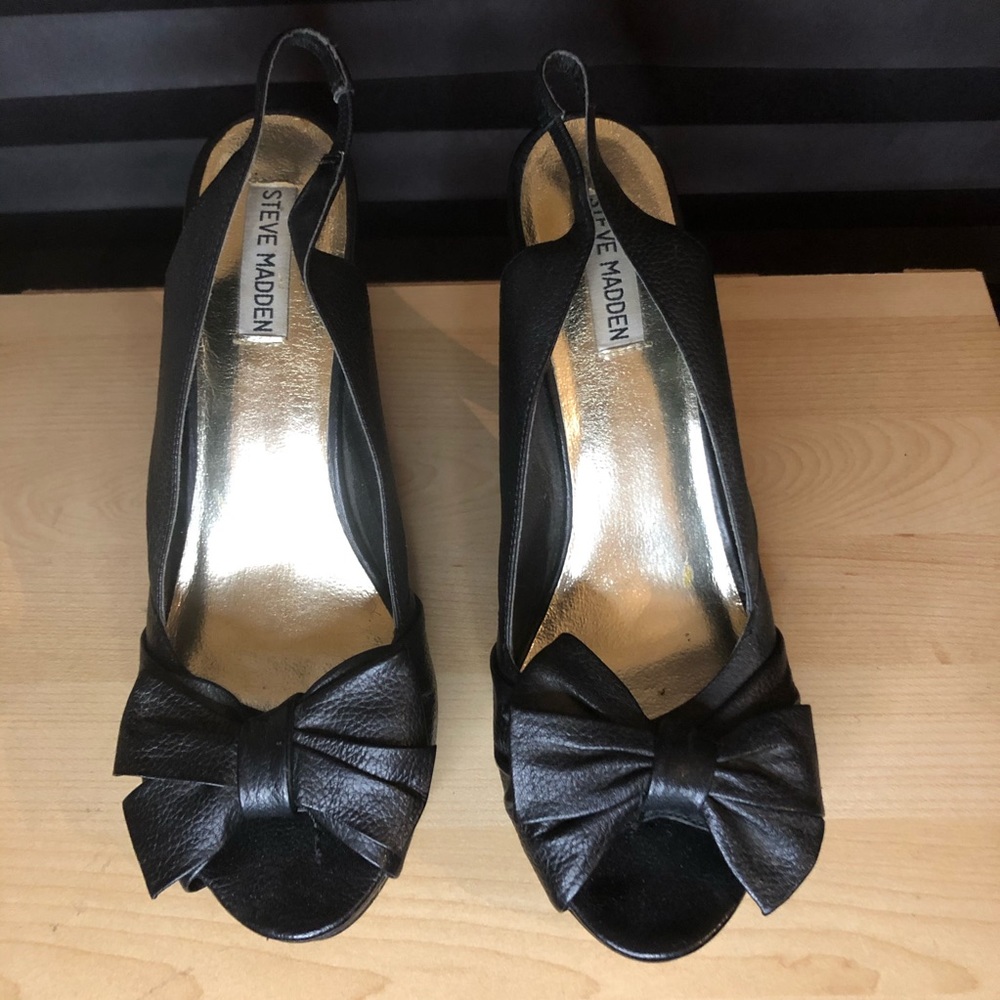 Steve Madden sling back black heels bow 9 leather
